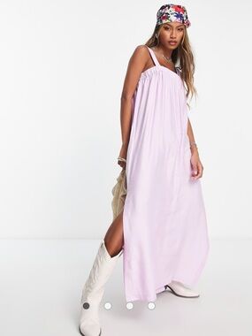 Topshop shirred square neck linen midi dress in lilac size 0-2